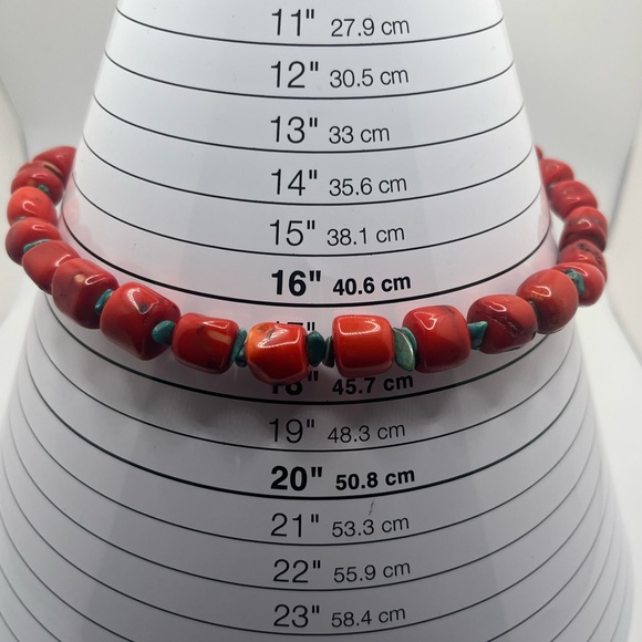 chunky red bamboo coral bead necklace with turquoise spacers southwestern style - Picture 10 of 10